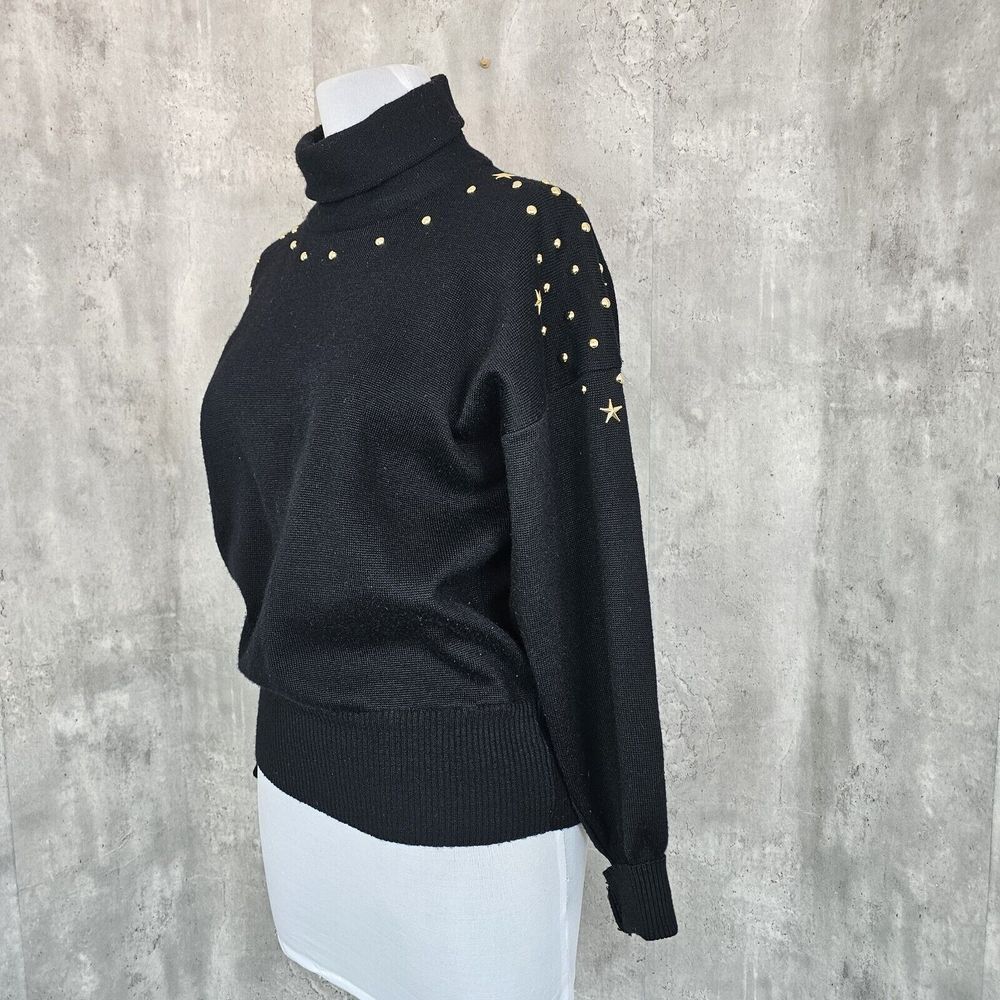 Vintage 80s Meister Womens M Black Knit Turtleneck Sweater Brass Studded Detail - Picture 4 of 8